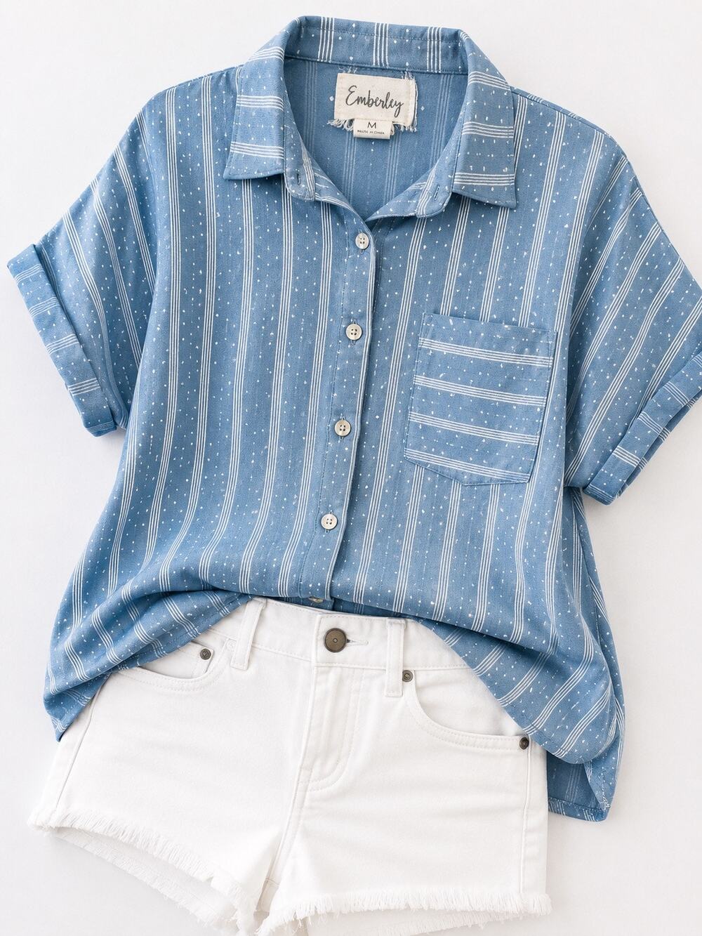 EMBERLEY Blue Striped Polka Dot Button Front Blouse Top Cottagecore | Medium